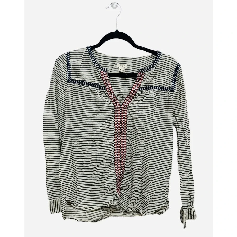 J.Crew Embroidered Peasant Top in Stripe Size Small Off White Black Red Blouse
